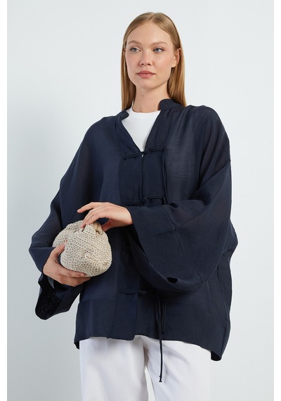 Fullamoda Geniş Kol Oversize Transparan Kimono Lacivert