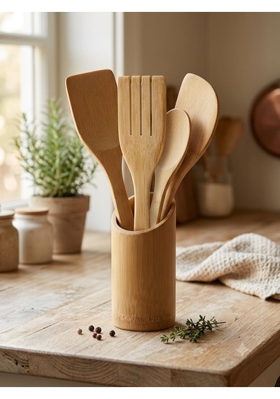 Ahşap Bambu Mutfak Seti 5 Parça Stand İle Kaşık Çatal Spatula
