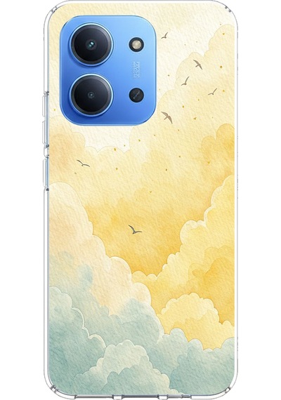 Redmi 15c Uyumlu Sarı Ve Yeşil Tonlu Bulut Ve Kuşlar Baskılı Silikon Kılıf Renkli