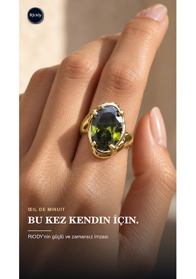 Riody Oil De Minuit Gold Kaplama Doğal Kedi Gözü Taşlı Açık Form Kadın Yüzük Altın Sarısı