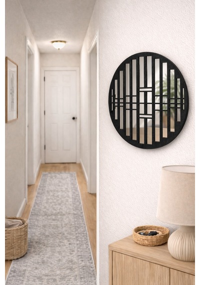 Oval Ayna Pleksi Duvar Dekoru Keçe Detaylı Modern Aynalı Tablo Siyah Siyah