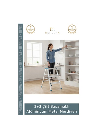 Merdiven Profesyonel Sağlam Ergonomik Katlanır Tip 3+3 Çift Basamaklı Alüminyum Metal Merdiven