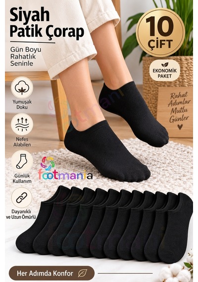 Footmania Kadın 10 Çift Siyah Patik Çorap Seti Pamuklu