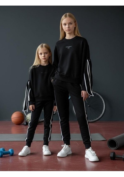 Kız Çocuk Kolları Fiyonklu Oversize Tasarım Sweatshirt-16468 Siyah