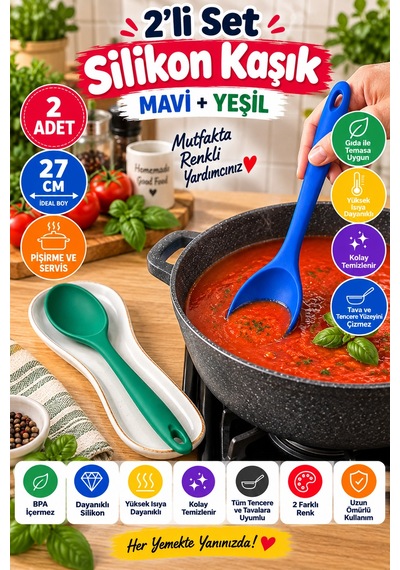 2'li Set Mavi Yeşil Büyük Boy Silikon Kaşık 27 Cm Mutfak Yemek Pişirme Ve Servis Kaşığı 2 Renkli Set