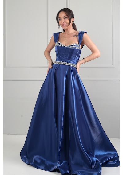 By Saygı Kadın Kayık Yaka Taş Detaylı Balenli Uzun Saten Elbise Saks