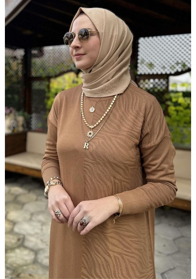 Rabia Şamlı Zebra Desen Triko Elbise Camel Normal