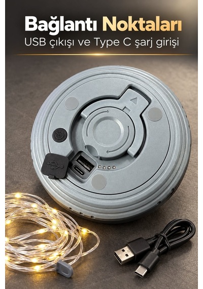 Led Şeritli Kamp Işığı Type C Şarj Girişli Gri