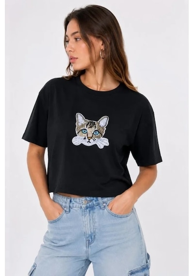 Defymoda Kedi Baskılı Oversize Crop Tişört Salaş Basic Yarım Kol T-shirt - Siyah Mavi Defymoda Kedi Baskılı Oversize Crop Tişört Salaş Basic Yarım Kol T-shirt - Siyah Mavi