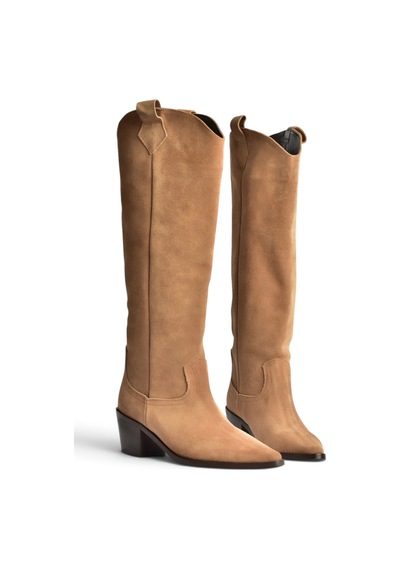 Fox Shoes Z654182361 Vizon Hakiki Deri Süet Kalın Topuklu Kovboy Model Kadın Çizme