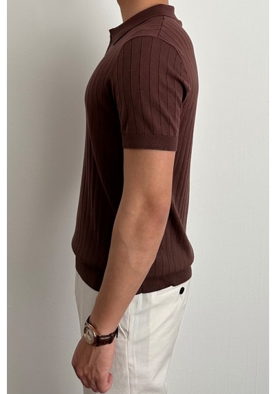 Tarz Cool Erkek Mat Kahverengi Slim Fit Fitilli Polo Yaka Triko T-shirt Mat Kahverengi