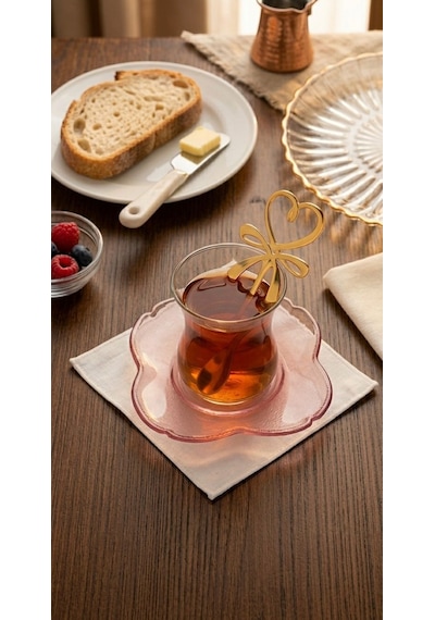6'lı Kalpli Fiyonklu Gold Kahve Çay Kaşığı Seti-6 Lı Set Şık Sunum Kaşığı