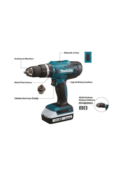 Makita DF488D002 Çift Akülü Darbesiz Matkap