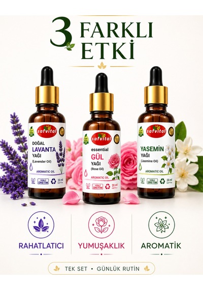 Lavanta+gül+yasemin 3 Lü Aromaterapi Bakım-bitkisel Yağ Seti & Aromatik Yağlar Seti 3x20 Ml