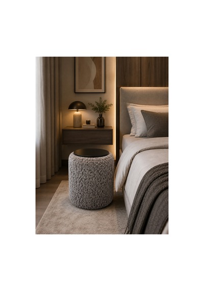 Premium Ahşap Üstlü Yuvarlak Bukle Puf Modern Gri - 878843025 Gri