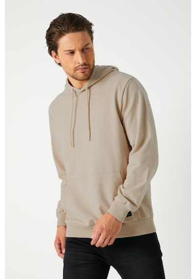 MMetalic Bej Erkek Kapüşonlu Kanguru Cepli Sweatshirt Bej