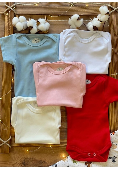 Betül Bebek Kısa Kollu 5'li Organik Pamuk Çıtçıtlı Bebek Body&zıbın Kırmızı,pembe,ekru,mavi,beyaz Çok Renkli