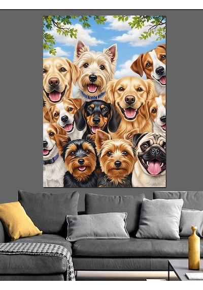 Ahşap Tablo Farklı Cins Köpeklerin Grup Portresi