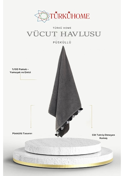 Püsküllü Yumuşak Pamuk Havlu Yüksek Emicili Vücut Havlusu 70x130 Cm Gri