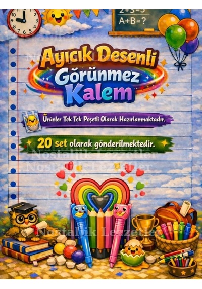 Karne Hediyesi 20 Set Ayıcık Desenli Görünmez Kalem Ve Tebrik Kartı