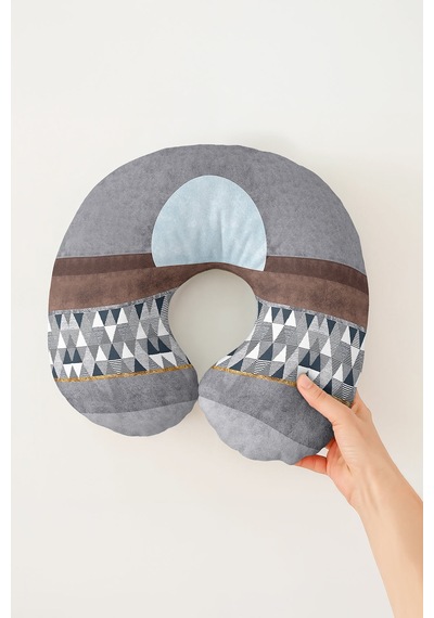 Geometrik Modern Gri Boyun Yastığı - Minimal Tarz Açık Mavi Krem Seyahat Yastığı Pastel Adaçayı Kehribar