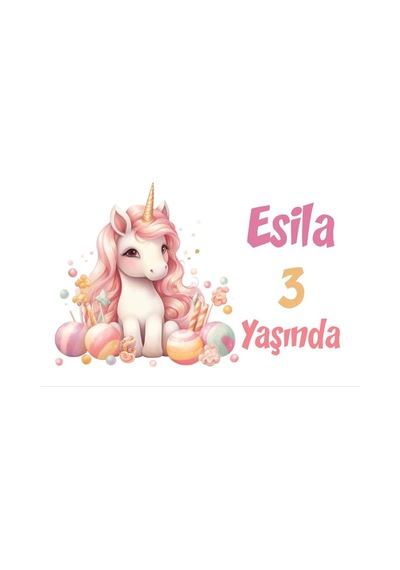 Pembe Unicorn Temalı Doğum Günü Afişi -8 50x70 Cm