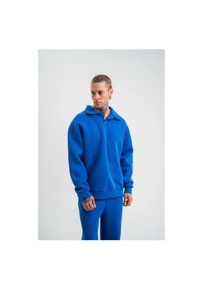 Erkek Açık Yakalı Oversize 3 İplik Pamuklu Sweatshirt - Mii Mavi