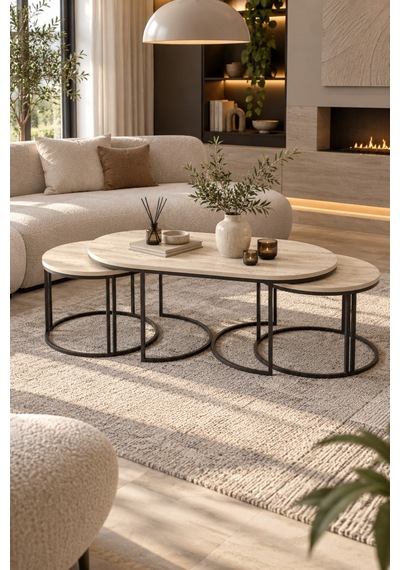 Sulorahome Bej 3'lü Oval Sehpa Seti