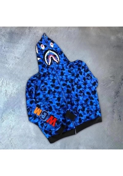 Mbb E-ticaret Unisex 2 İplik Bape Kapüşonu Fermuarlı Hırka - Mavi