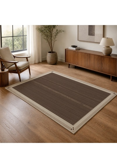 Kartela Halı İnce Çizgili Bordürlü Halı Kahverengi Kaymaz Taban Makinede Yıkanabilir 200x300 Cm
