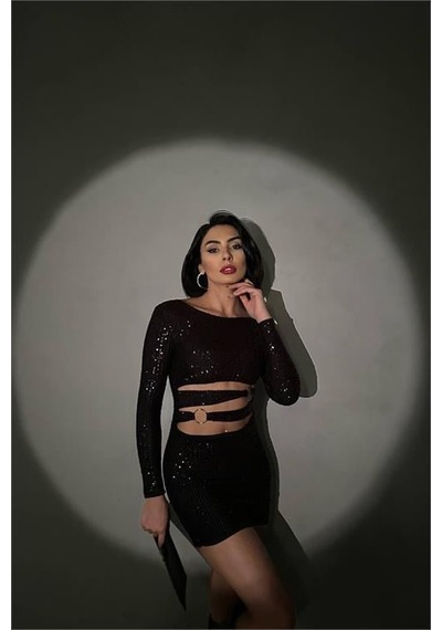 Dip Moda Kadın Siyah Halka Detyalı Mini Pul Payet Elbise Dpnbdf106 Siyah