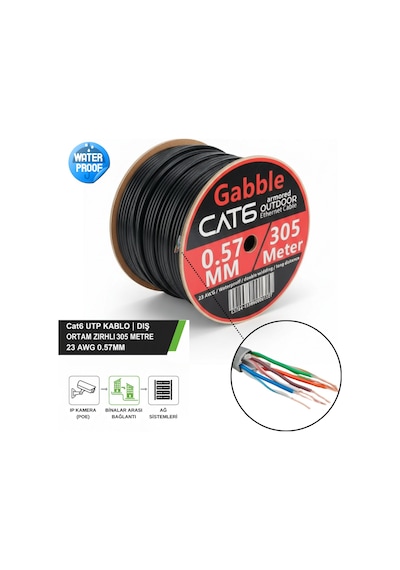 Gabble Cat6 Utp 305 Metre Zırhlı Dış Ortam Ethernet Ağ Kablosu 23 Awg 0.57mm