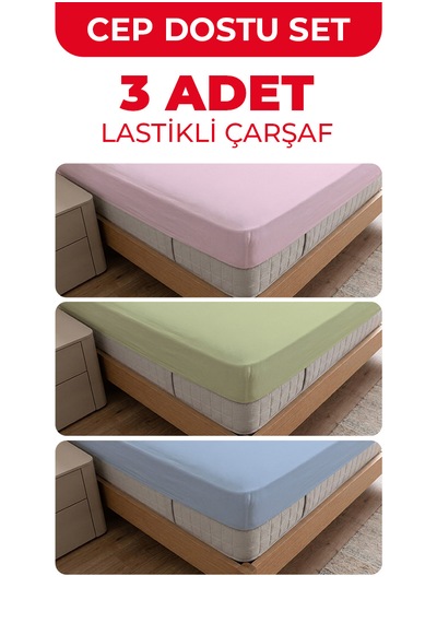 3 Adet Tek Kişilik Lastikli Çarşaf - 100x200cm - Mavi/yeşil/lila - Ranforce Çok Renkli