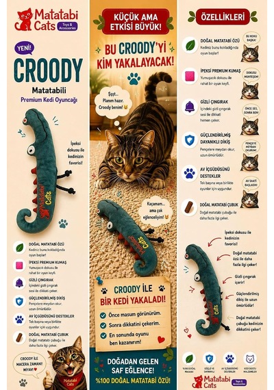 Croody Kedi Oyuncağı, Timsah Figürlü, Çok Renkli