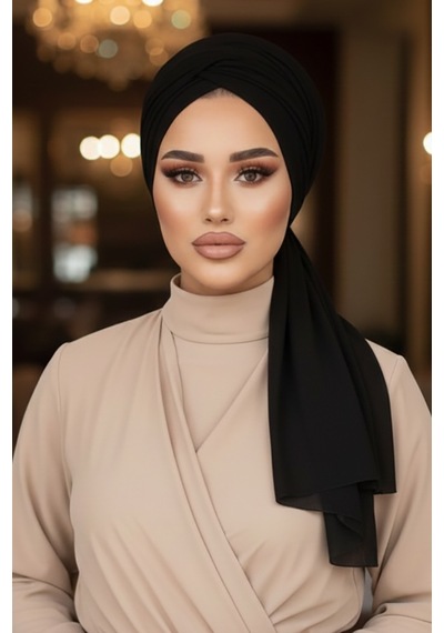 Aişe Tesettür Siyah Tokalı Abiye Bone Şal / Hazır Duvak Siyah Tül2