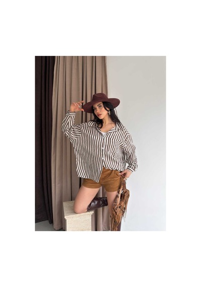Unika Boutique Çizgili Oversize Gömlek Kahverengi