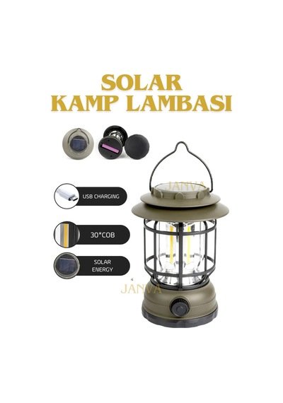 Janva Solar GÜneş Enerjili Nostaljik Işığı Ayarlanabilir Ledli Kamp Feneri Lamba Işıldak Usb Şarjlı 18650 Yeşil