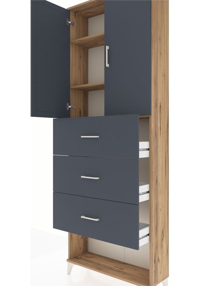 Arges Dolap 3 Raflı 3 Çekmeceli 2 Kapaklı 88x30x243 Çam-antrasit Atlas Çam