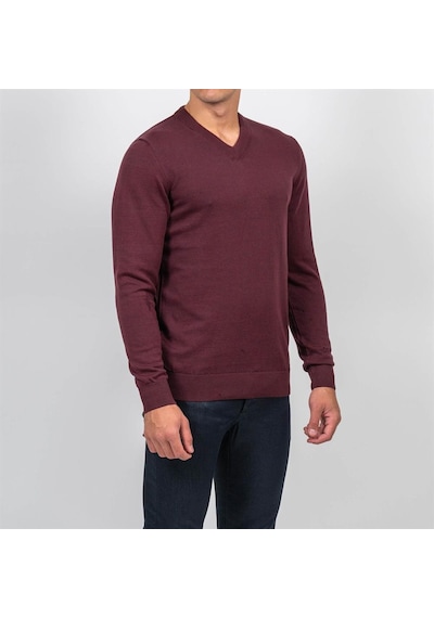 Erkek V Yaka Triko Slim Fit Pamuklu Kazak Ncs Jeans 3002-Bordo