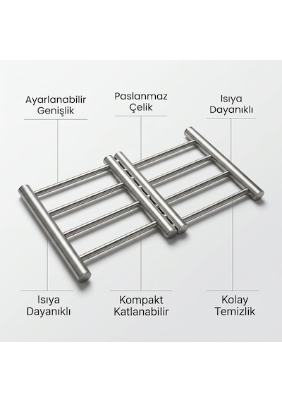 Paslanmaz Çelik Ayarlanabilir Açılır Kapanır Nihale, Katlanabilir Tencere Tava Çaydanlık Altlığı, Sıcak Kap Standı, Kapalı 20x24 Cm Açık 20x37 Cm