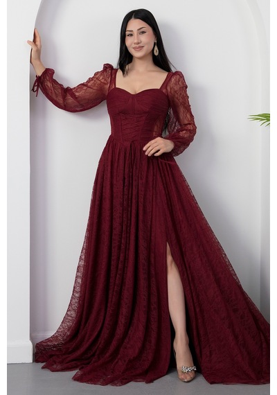 Kalopya Kalp Yaka Uzun Kol Dantel Elbise Ecr5733 Bordo