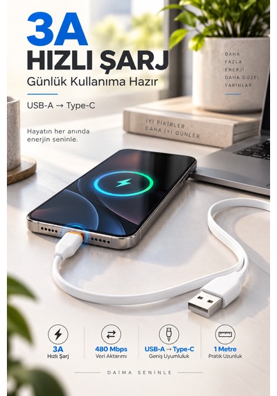 Type-c Şarj Ve Data Kablosu 100 Cm 3a Yassı Esnek Sakız Kablo Usb-a To Type-c 1 Metre Şarj Kablosu