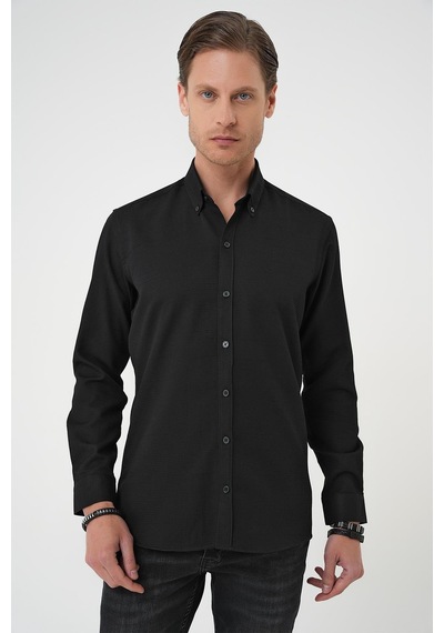 Efor Slim Fit Dokulu Düğmeli Yaka Pamuklu Klasik Siyah Gömlek Gk 739 Siyah