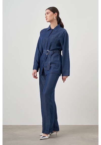 Mizalle Tencel Dokulu İndigo Tunik Mavi