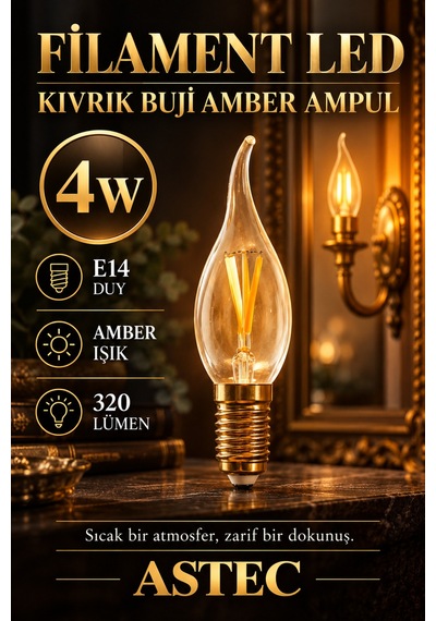 Astec E14 Kıvrık Buji Amber Ampul 4 Watt Amber Işık Dekoratif Filament Led