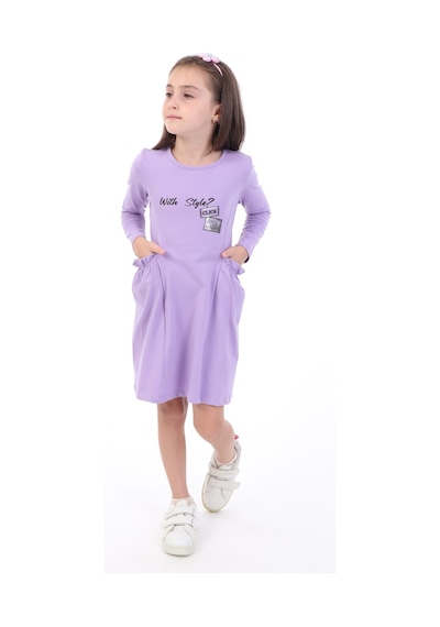 Toontoy Kids Kız Çocuk Baskılı Relax Fit Bisiklet Yaka Uzun Kollu Cepli Elbise - Lila