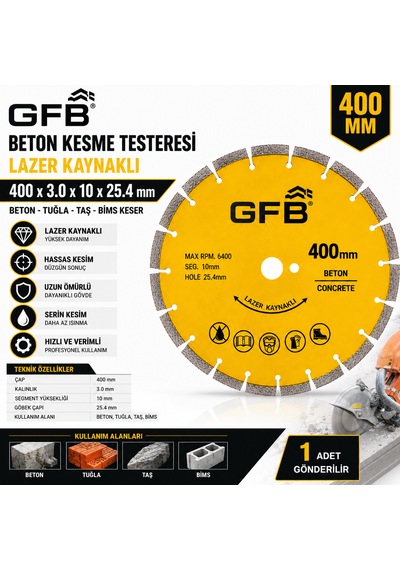 Beton Kesme Testeresi Lazer Kaynaklı Beton Tuğla Taş Bims Keser 400 X 3.0 X 10x25.4 Mm