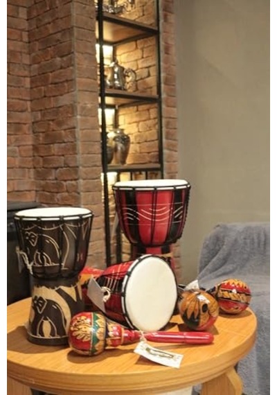 Otantik Ahşap Djembe Davul, 25 Cm, Mahoni Ağacı Ve Keçi Derisi, El Yapımı Bali Endonezya, Fil Figürlü, 14 Cm Deri Çap