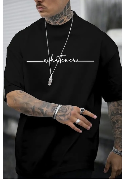 Erkek Whatever Baskılı Oversize Tshirt Siyah