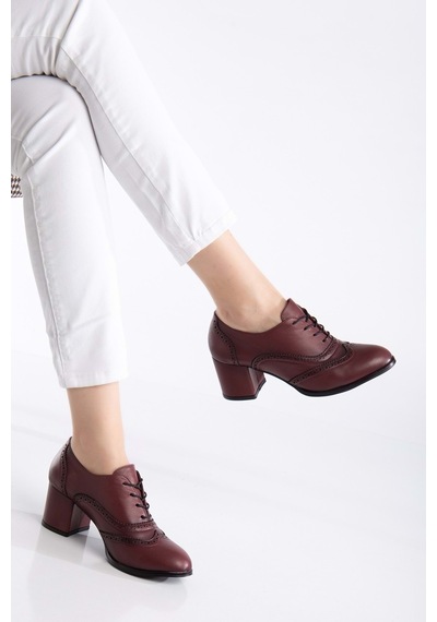 Analin Shoes Kadın Hakiki Deri Lazer Detaylı Şık Topuklu Ayakkabı Bordo